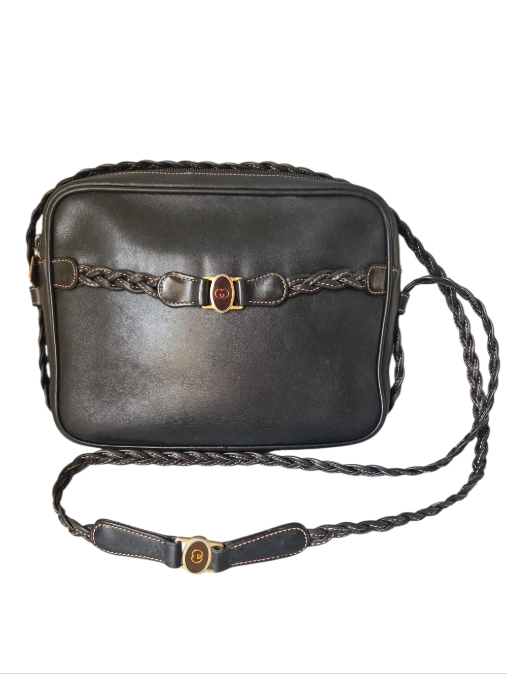 Gucci Vintage Braided Leather GG Crossbody Bag Midnight Blue 001·86·0150